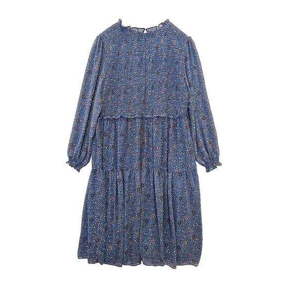 Dip Dress Womens Plus 20 W Blue Floral Cottage Sheer Long Puff Sleeves Peasant - Picture 2 of 11